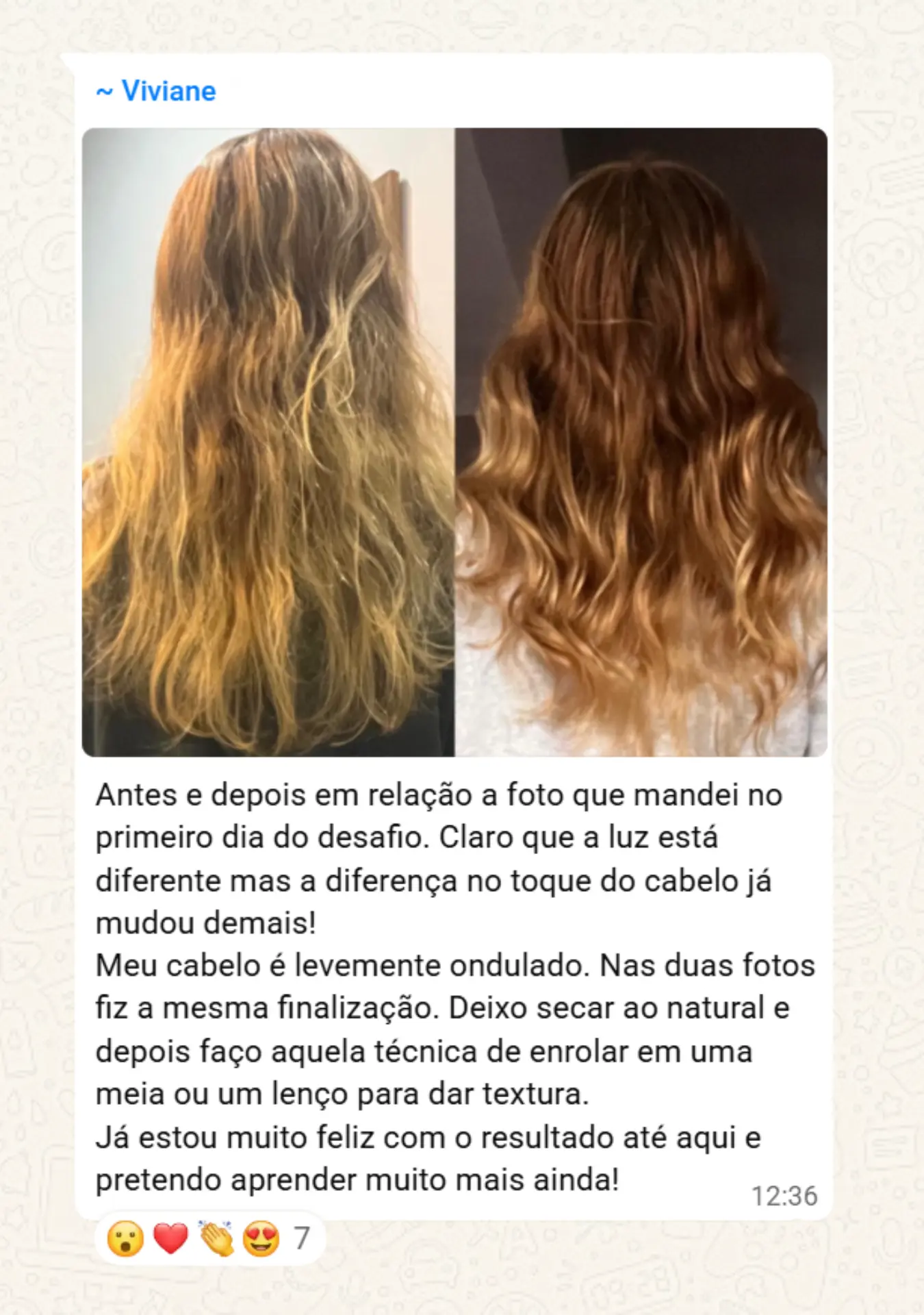 Mensagem de aluna no grupo do desafio